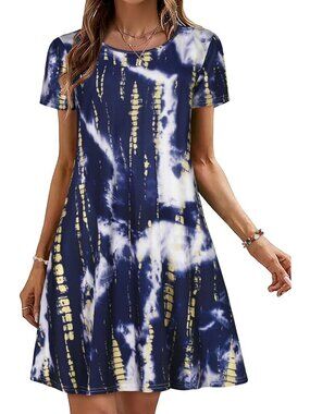 Women's Deep Blue Tie Short Sleeve Floral Sundress Beach Cover Mini Dress